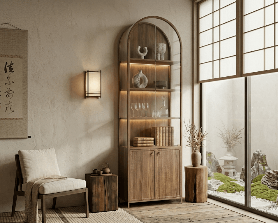 A narrow, arched display cabinet with a light-colored natural wood grain finish, placed in a minimalist, bright Scandinavian-style room. The lower half of the cabinet doors features a solid wood, closed-door design, while the upper glass section displays minimalist-style pottery.