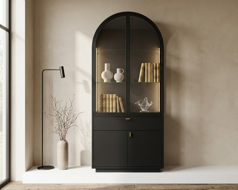 A modern wabi-sabi-style arched cabinet in matte black, featuring a half-glass, half-enclosed design. Warm 2700K lighting illuminates the interior, showcasing exquisite ceramic pieces and books against the backdrop of a cozy, modern living space.