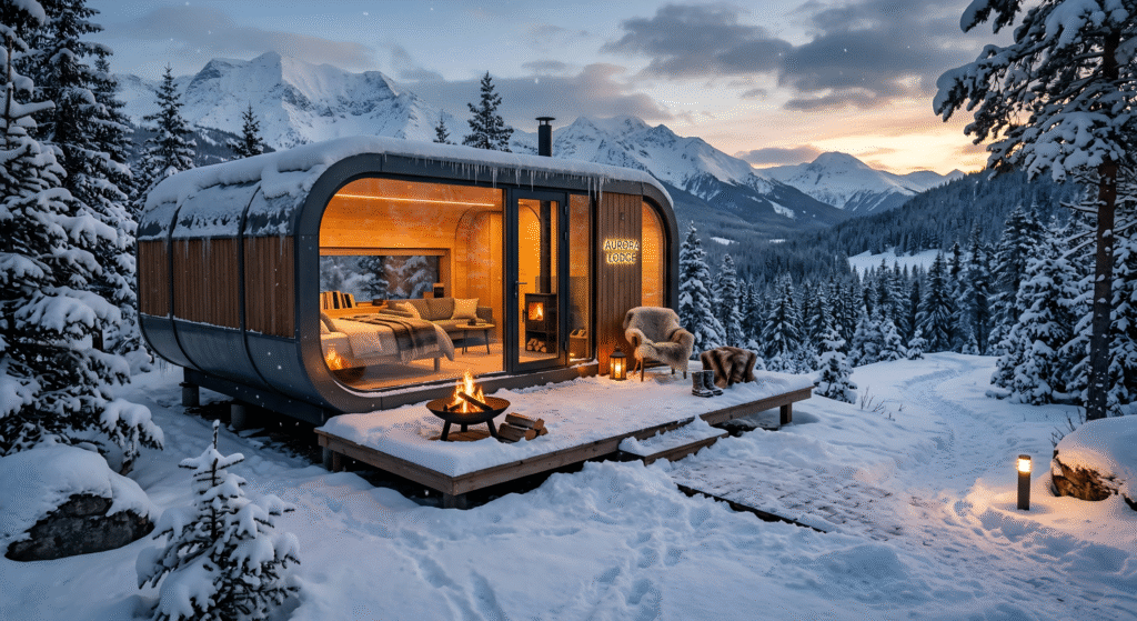 A compact capsule house designed for winter environments, combining insulation, panoramic views, and warm interior comfort—ideal for mountain retreats and vacation rentals.
