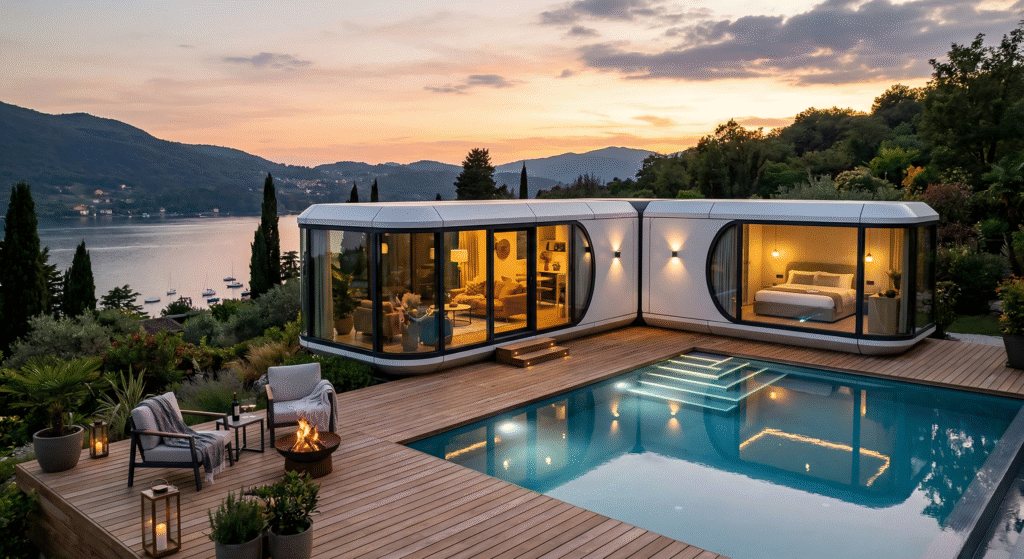 A modern capsule house featuring large glass panels, open living space, and outdoor pool integration—perfect for high-end residential or resort-style living.