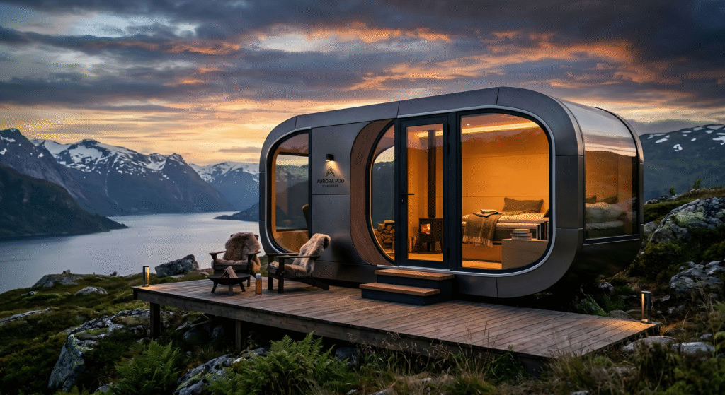 A minimalist capsule house designed for scenic locations, featuring clean lines, large windows, and a warm interior atmosphere for modern outdoor living.