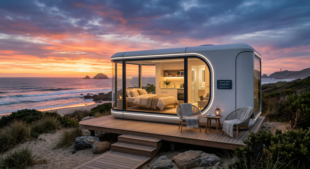 A capsule house designed for coastal environments, combining panoramic ocean views, modern interiors, and efficient space utilization for beachside living.