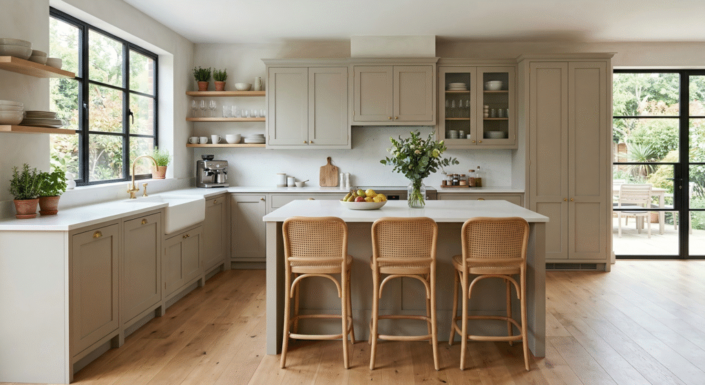 Greige kitchen cabinets featuring brass pulls, rattan bar stools, and a ceramic farmhouse sink