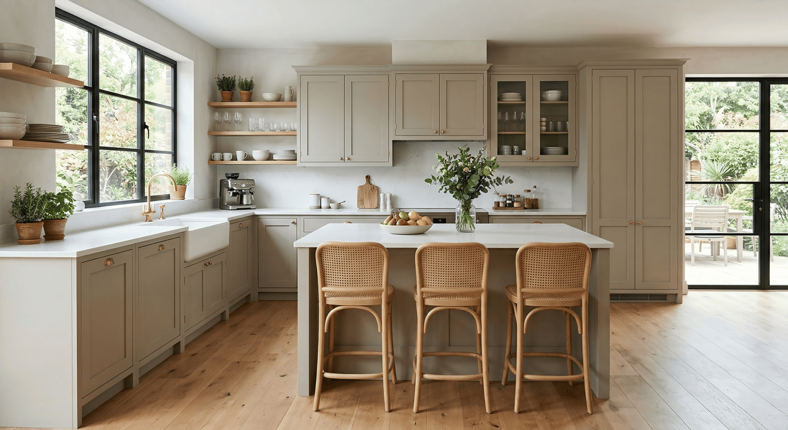 Greige kitchen cabinets featuring brass pulls, rattan bar stools, and a ceramic farmhouse sink
