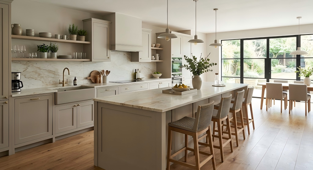 Transitional style greige kitchen featuring extensive marble countertops and woven back bar stools