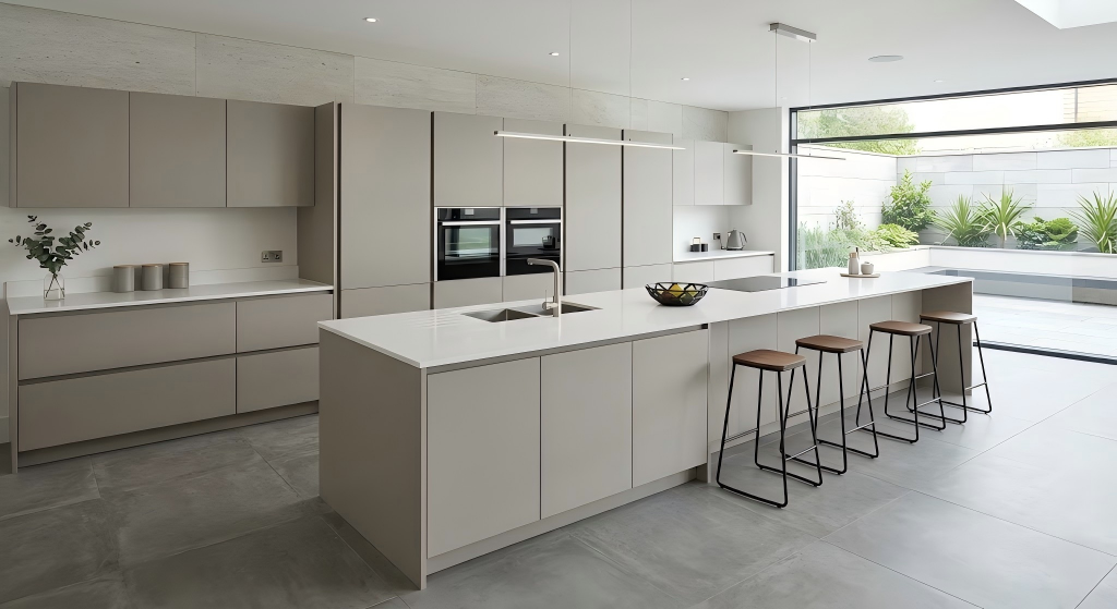 Modern minimalist greige kitchen cabinets with handleless slab door design, white countertops, and gray floor tiles