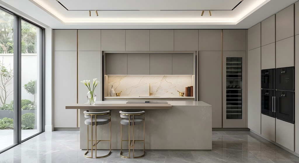 High-end contemporary greige custom cabinets featuring gold line accents, integrated appliances, and a glass wine cabinet