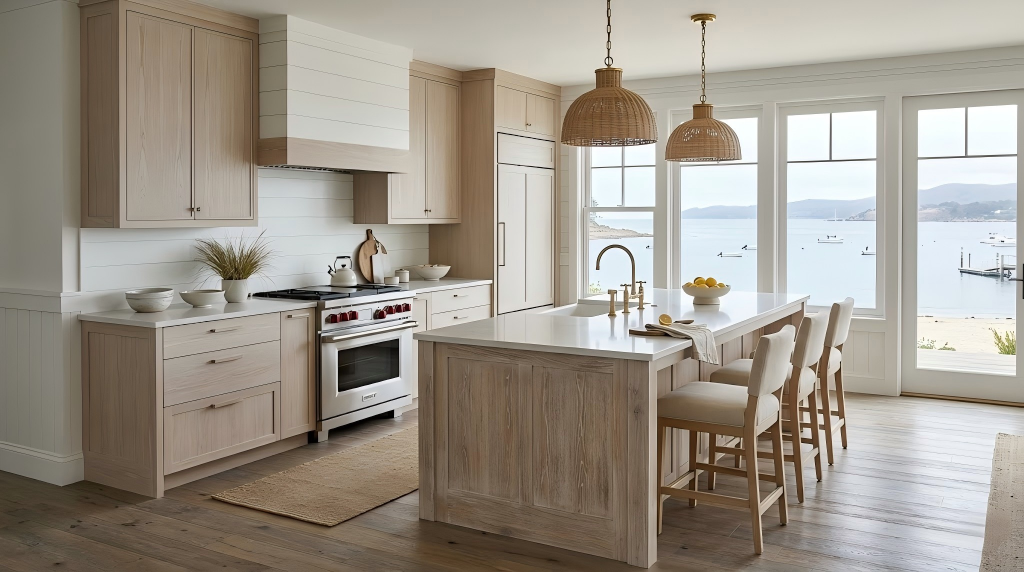 An open-concept kitchen island built with YoloDeco's eco-friendly wood veneer panels. The cabinets demonstrate high color consistency and structural stability, designed for residential or commercial projects.