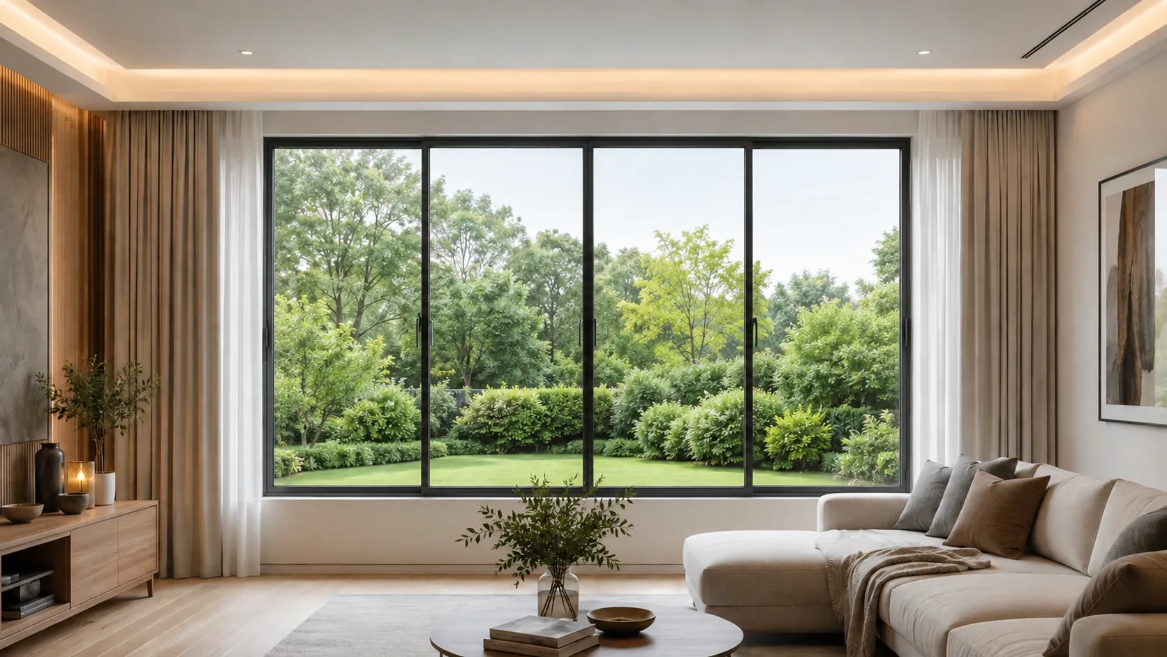 Black-framed full-height aluminum windows overlooking a landscaped garden