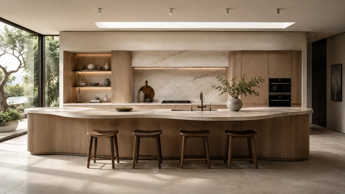 Custom kitchen with wood cabinetry and stone island by George Group
