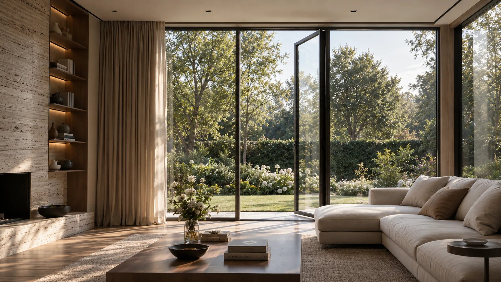 Full-height black frame windows in a modern residence