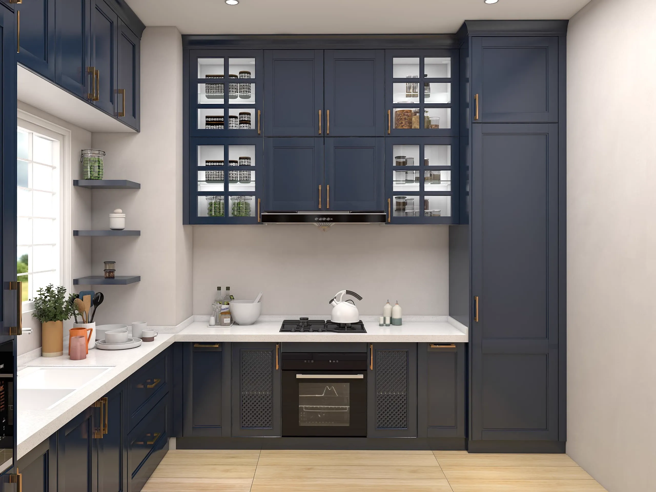 Completed blue-grey Shaker villa kitchen by George Group