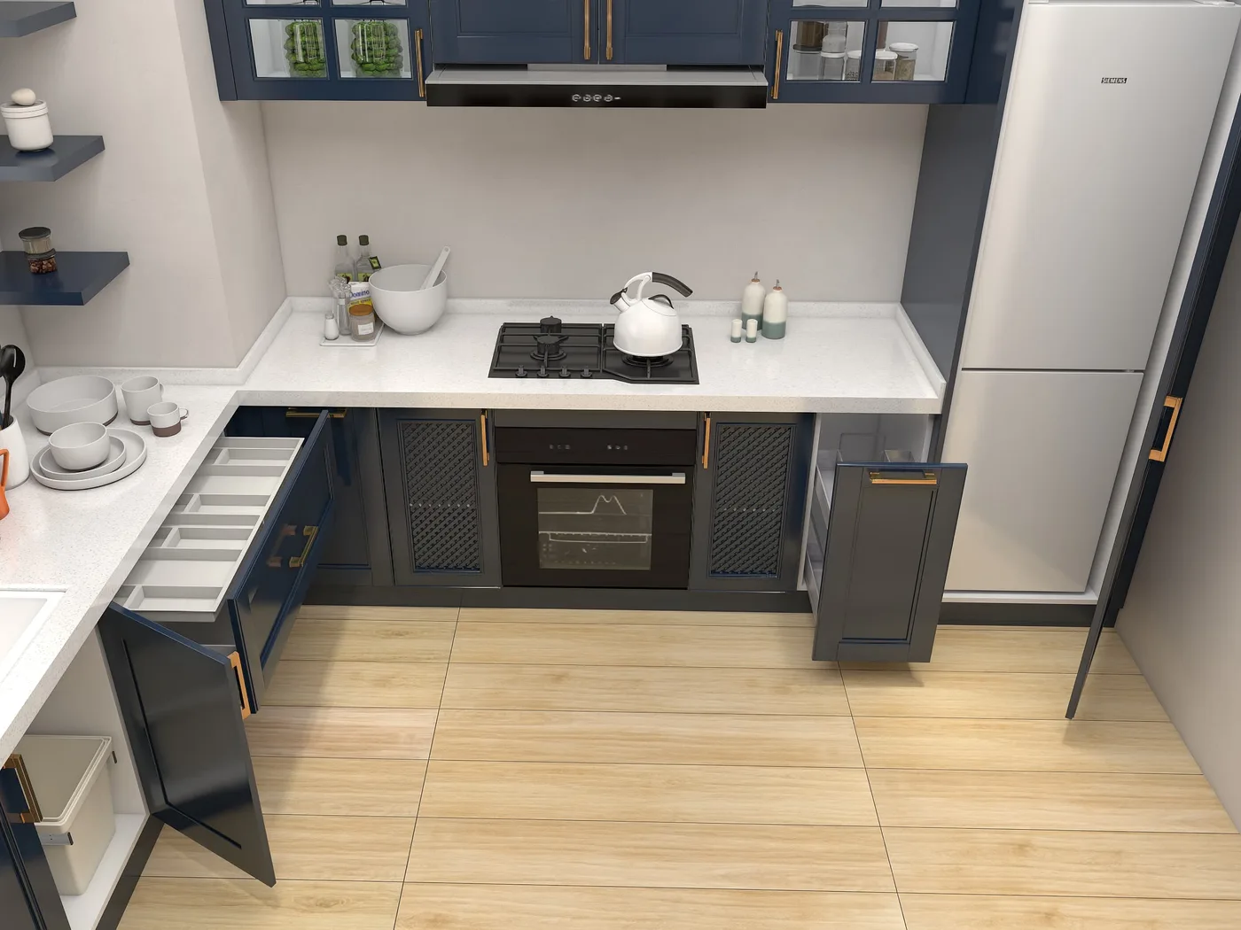 Kitchen cabinet drawers and tall units after installation
