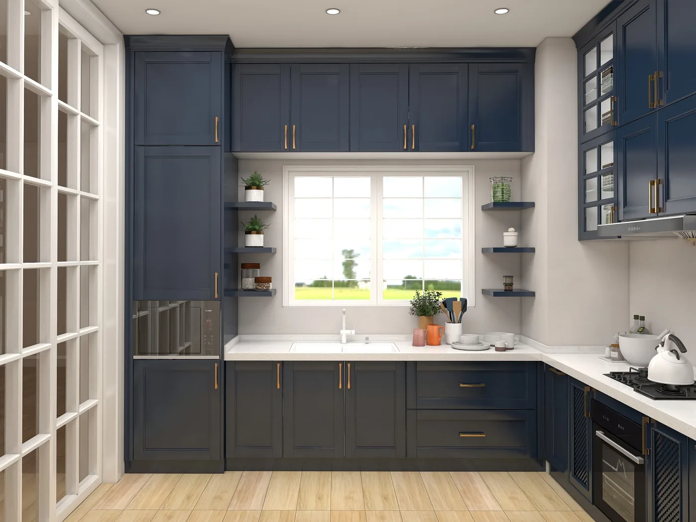Finished navy kitchen cabinets installed in a residential kitchen