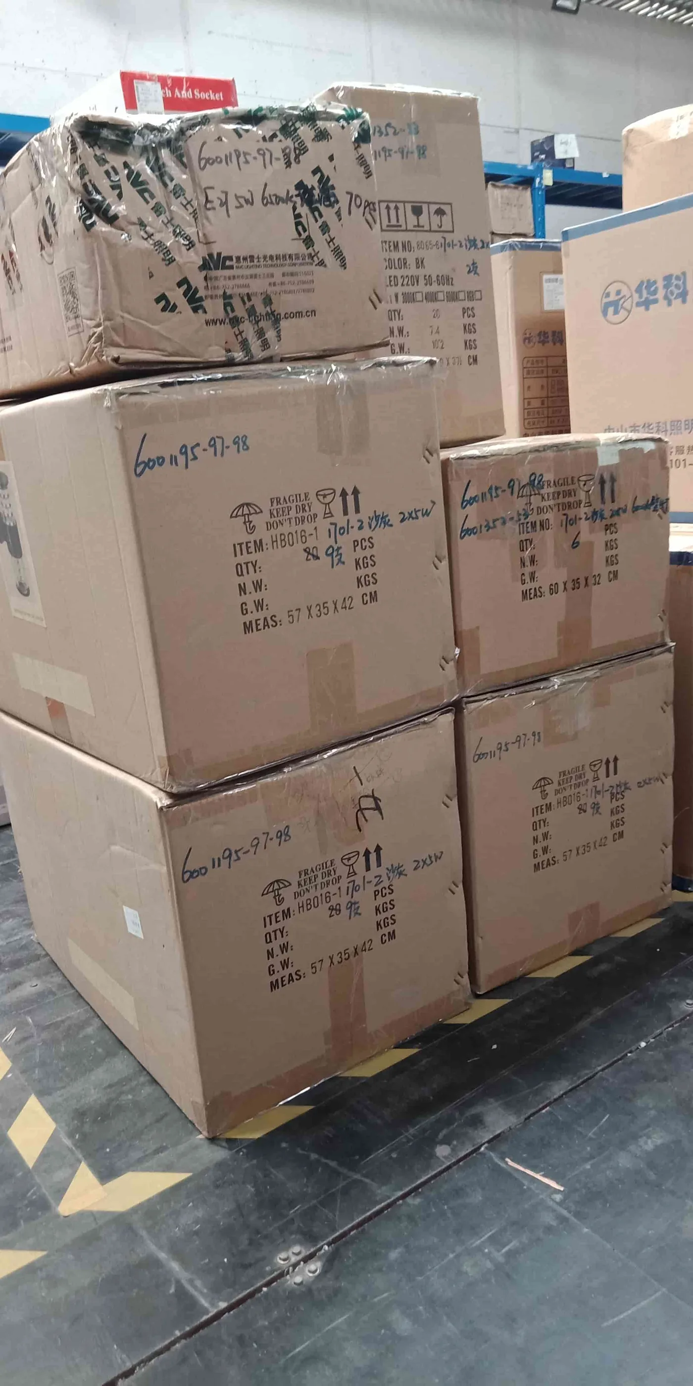 Lighting cartons stacked on pallets in the warehouse