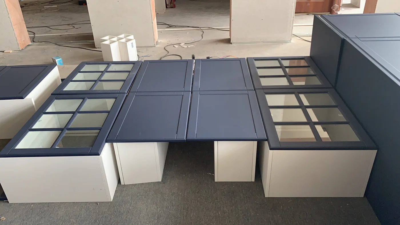 Cabinet units dry-fitted in the workshop for a pre-assembly check