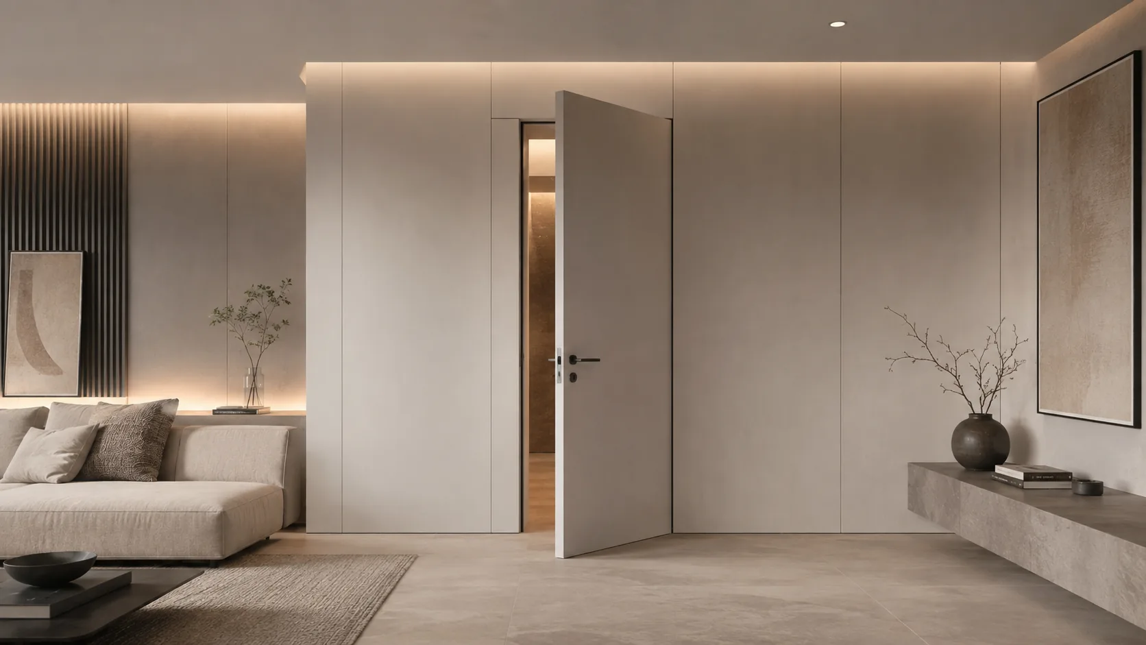 Full-height concealed flush door integrated into a warm neutral interior wall