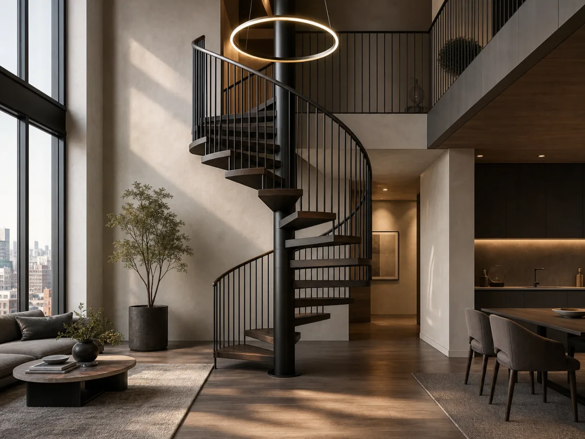 Illustrative duplex apartment with a black metal spiral staircase