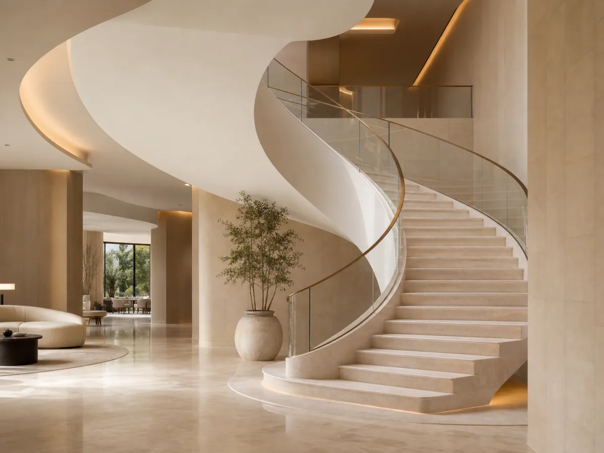 Illustrative boutique hospitality interior with a curved stone staircase