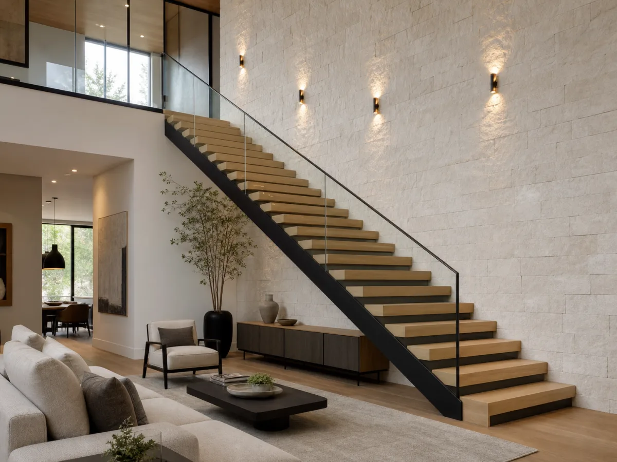 Illustrative townhouse with a straight oak and black steel staircase