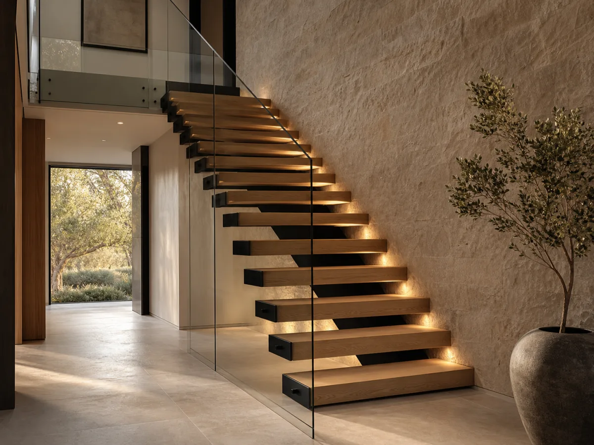 Illustrative villa interior with floating oak staircase and glass balustrade