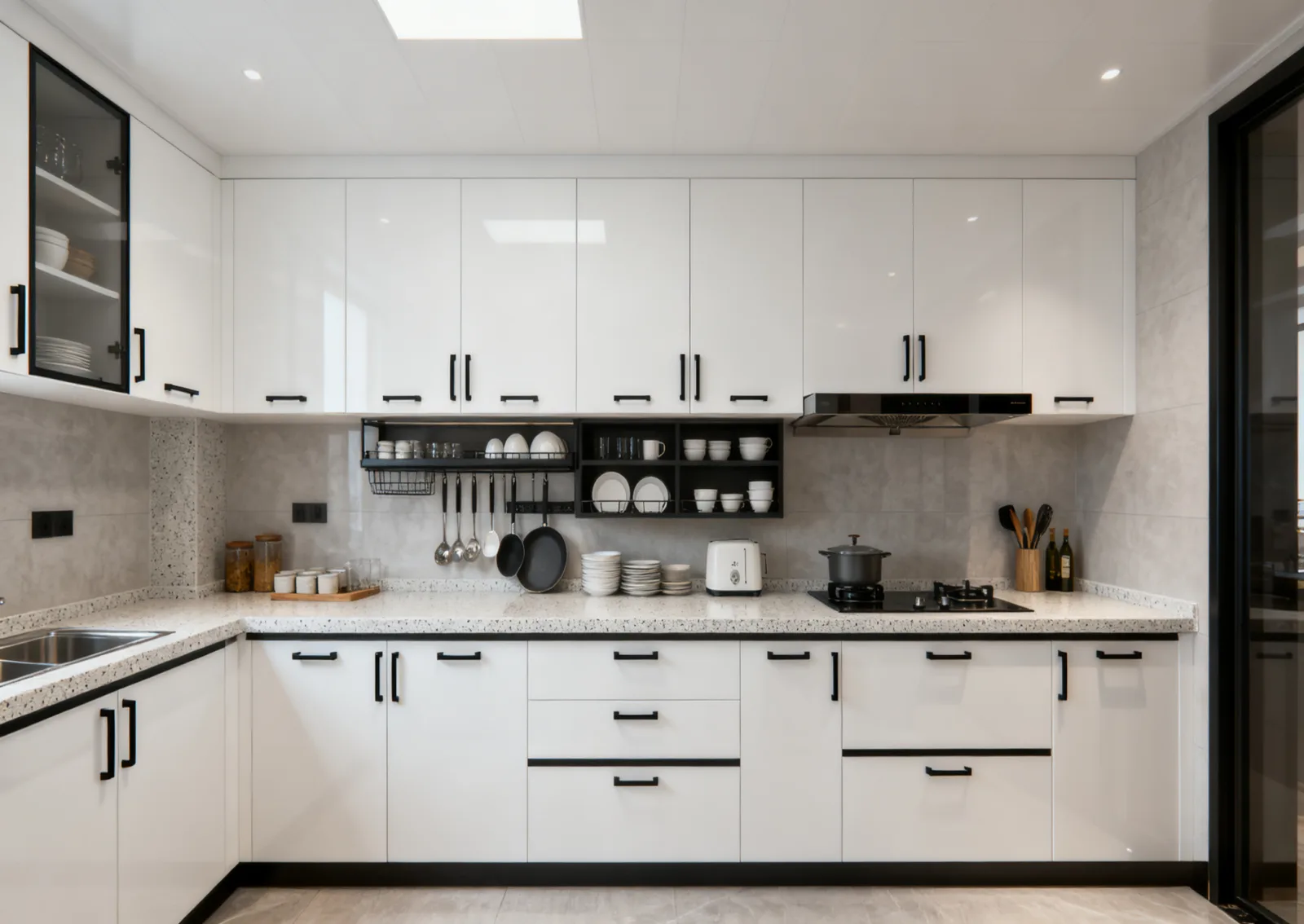 Custom kitchen cabinets with a stone countertop in a project kitchen