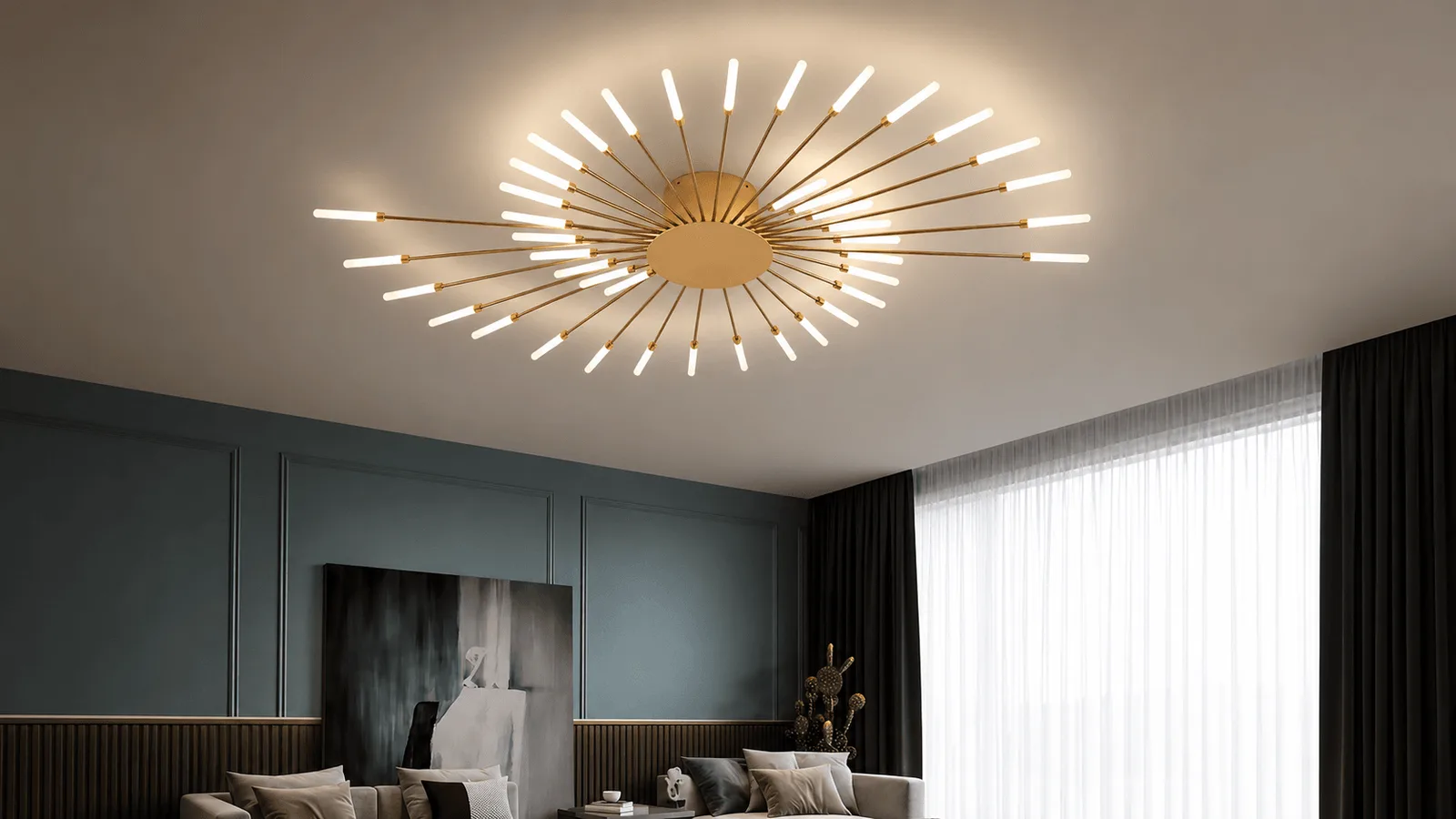 Sculptural chandelier above a living room seating area