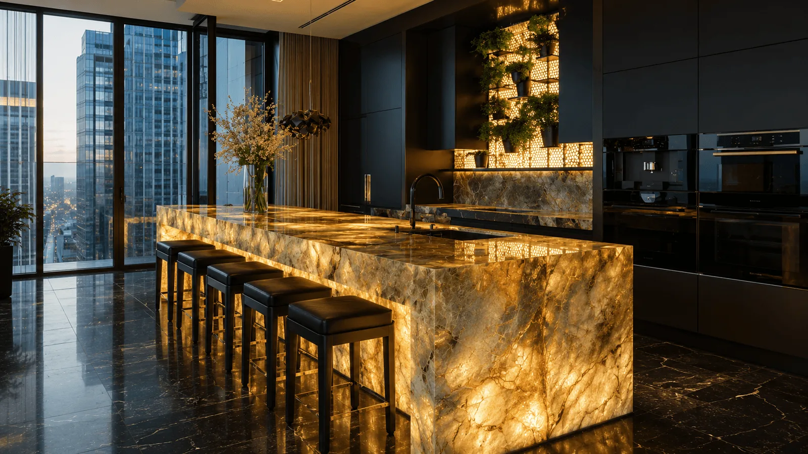 Marble countertop and wall cladding in a project interior