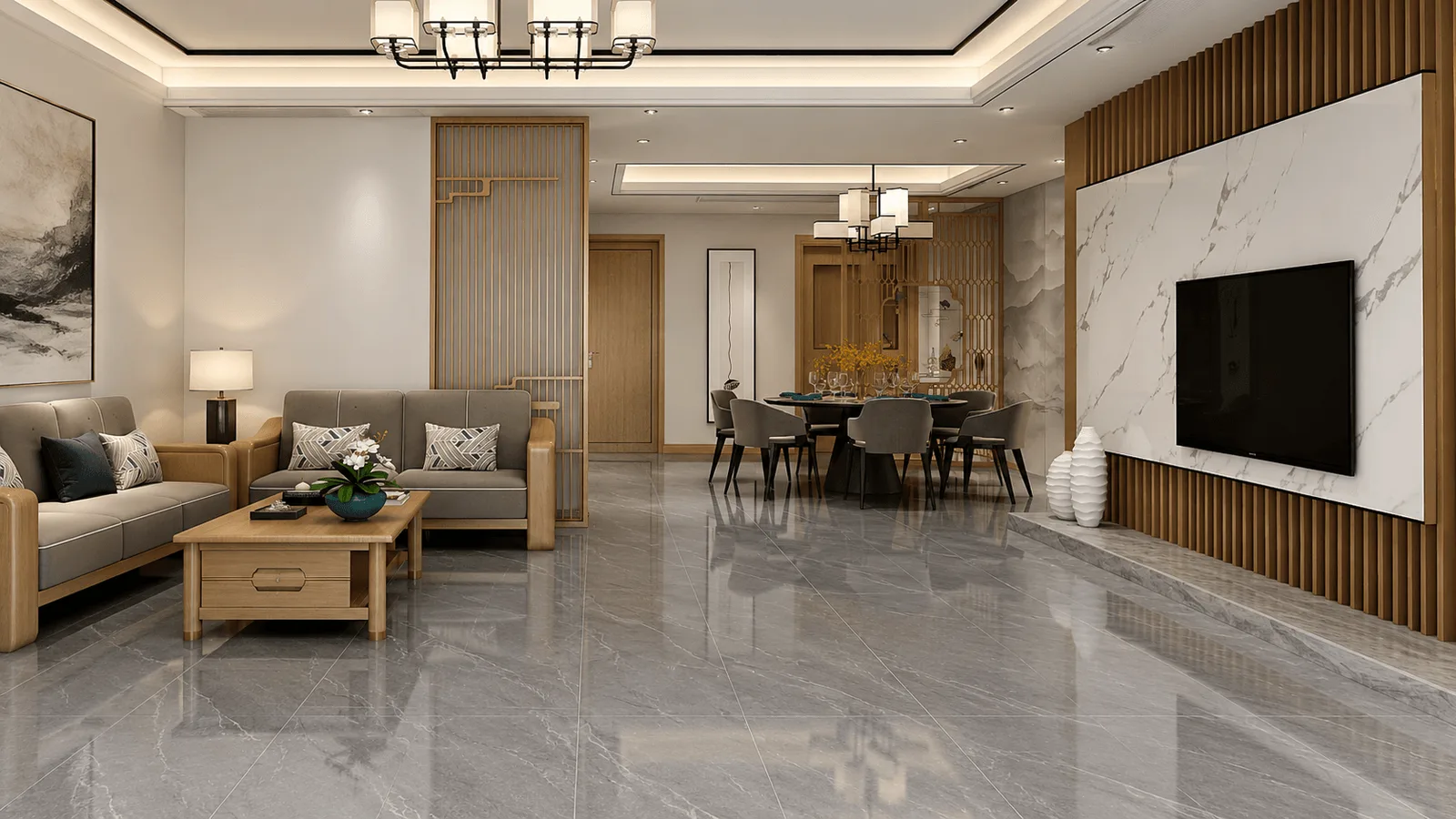 Marble-effect tiles on a bathroom floor and wall