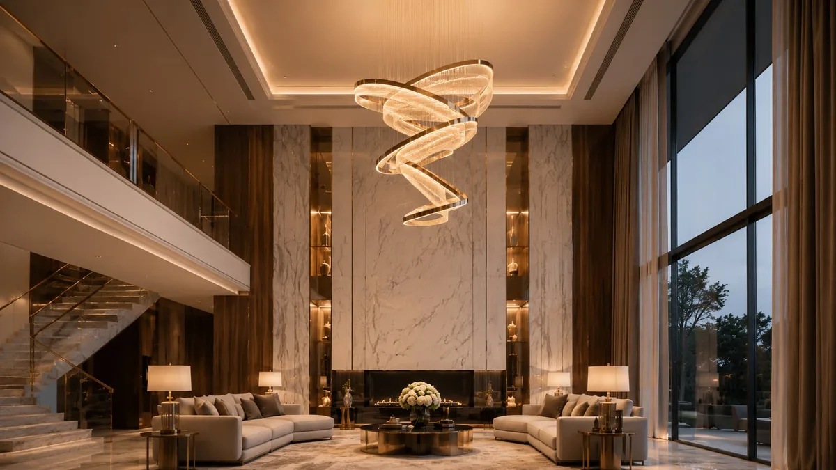 Sculptural chandelier in a villa lobby with high ceiling