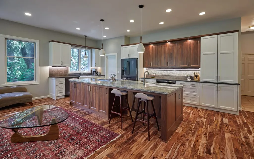 Neil Kelly kitchen remodel with walnut and white custom cabinetry and island