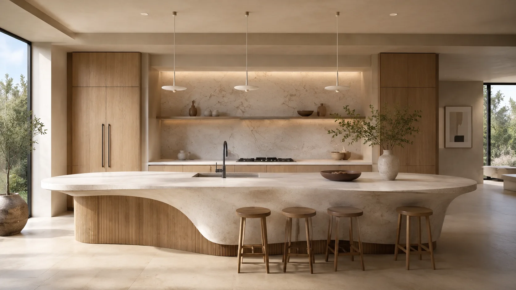 Light wood kitchen with a sculptural stone waterfall island