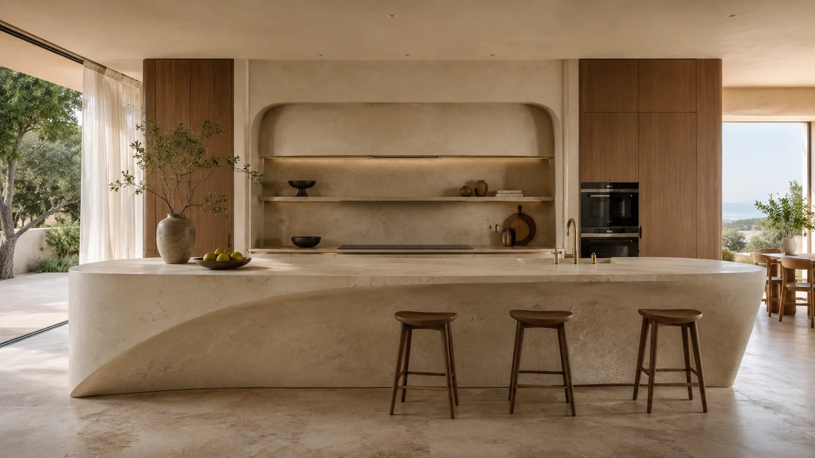 Warm wood kitchen with a rounded stone island