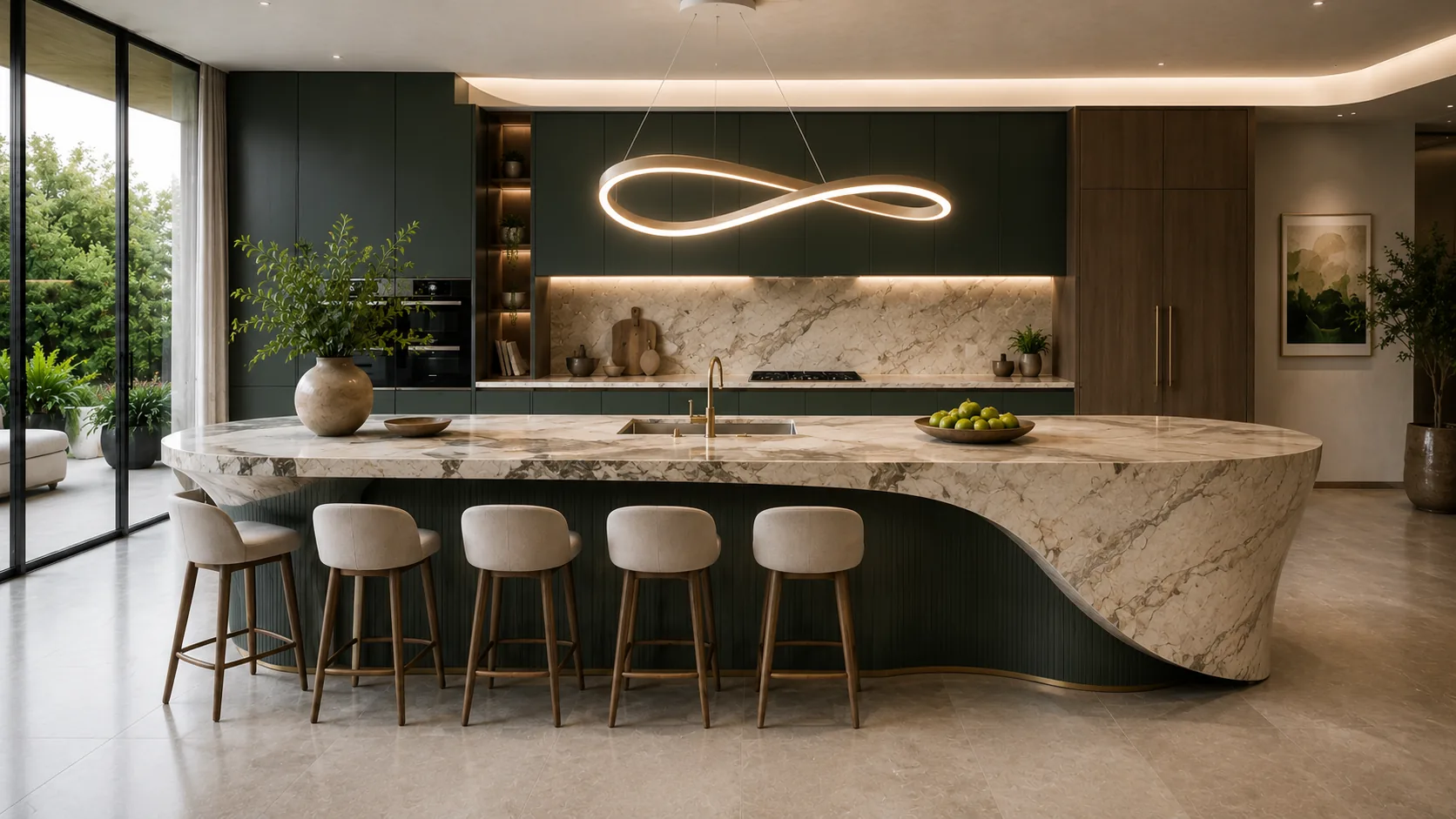 Deep green flat-panel kitchen with a veined stone island