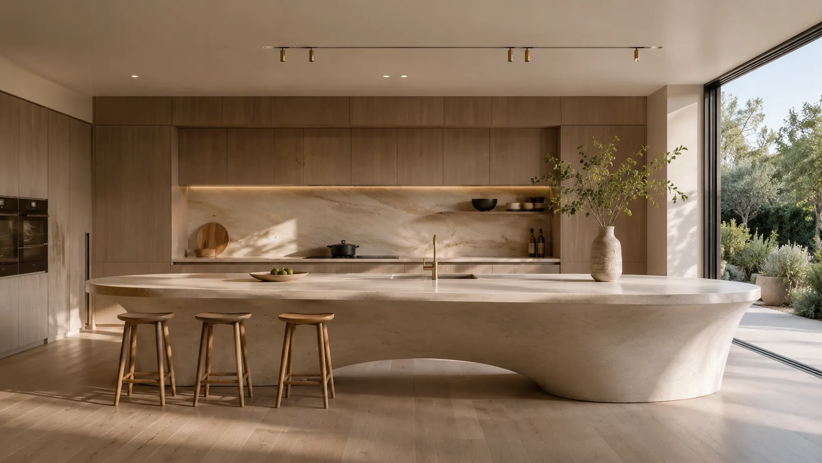 Warm wood kitchen with a stone island and garden views