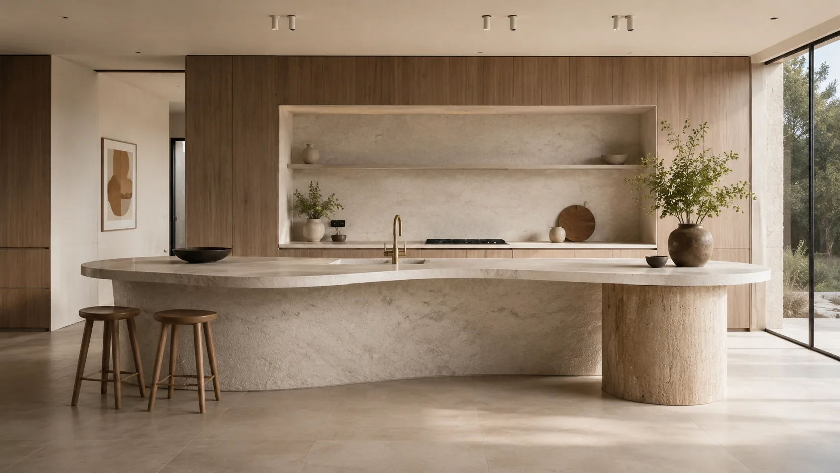 Natural wood kitchen with an open stone niche and curved island
