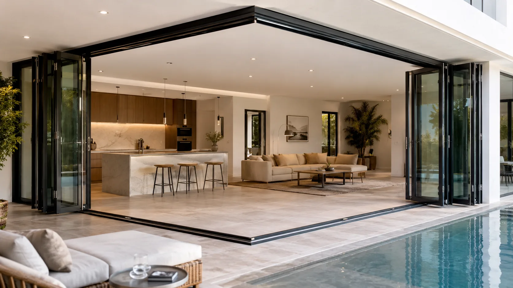 Black-framed bifold glass doors opening toward a poolside terrace