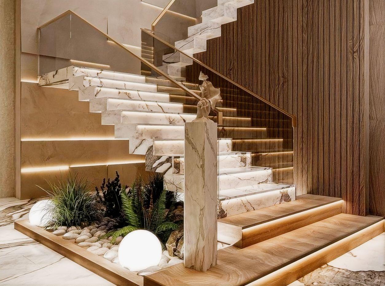 Custom staircase interior with wood treads and glass balustrade