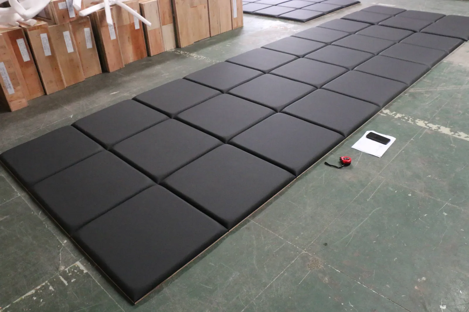 Dimensional inspection of upholstered furniture panels during a George Group quality check