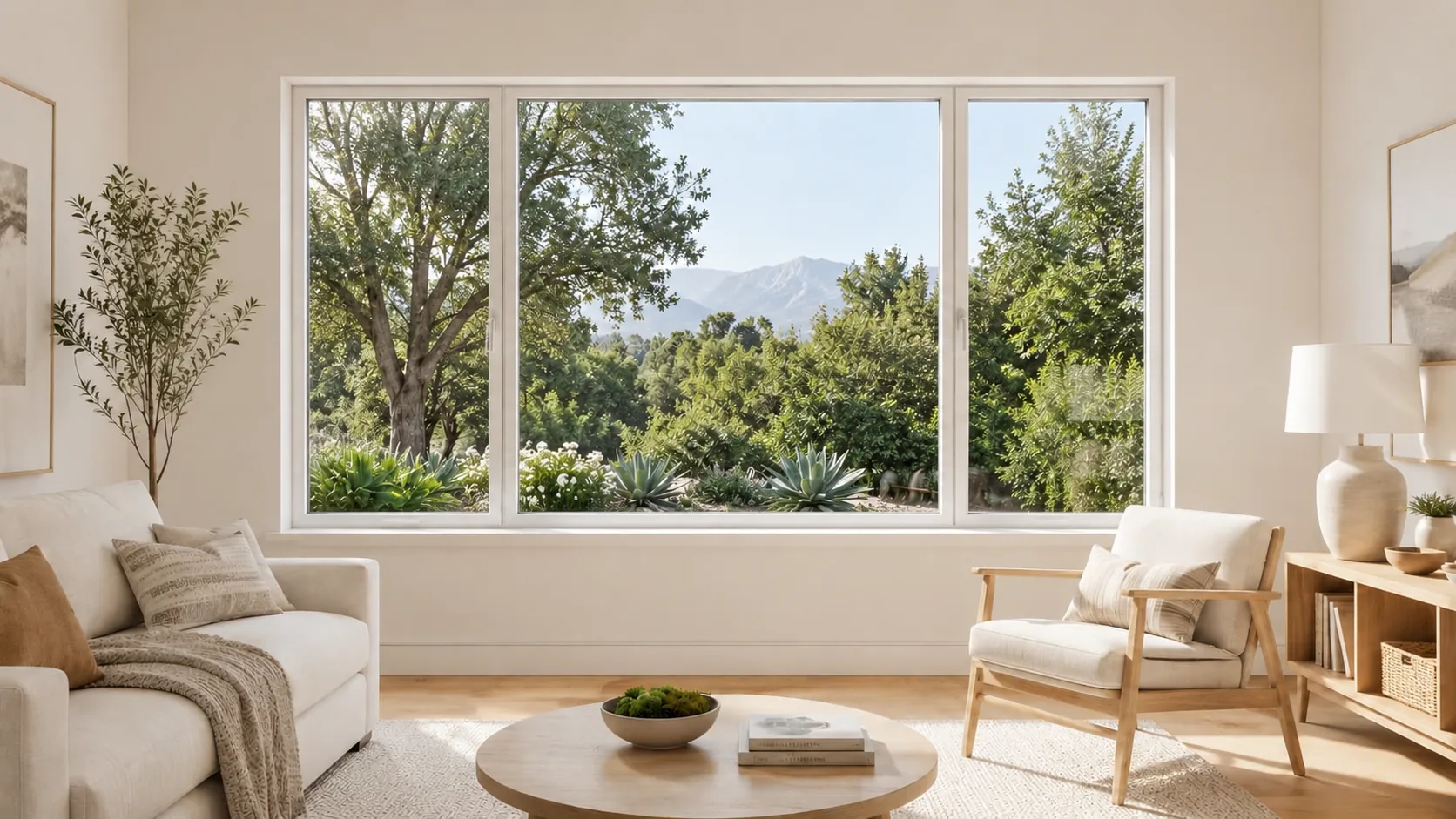 White vinyl picture window with operable side sashes overlooking a garden