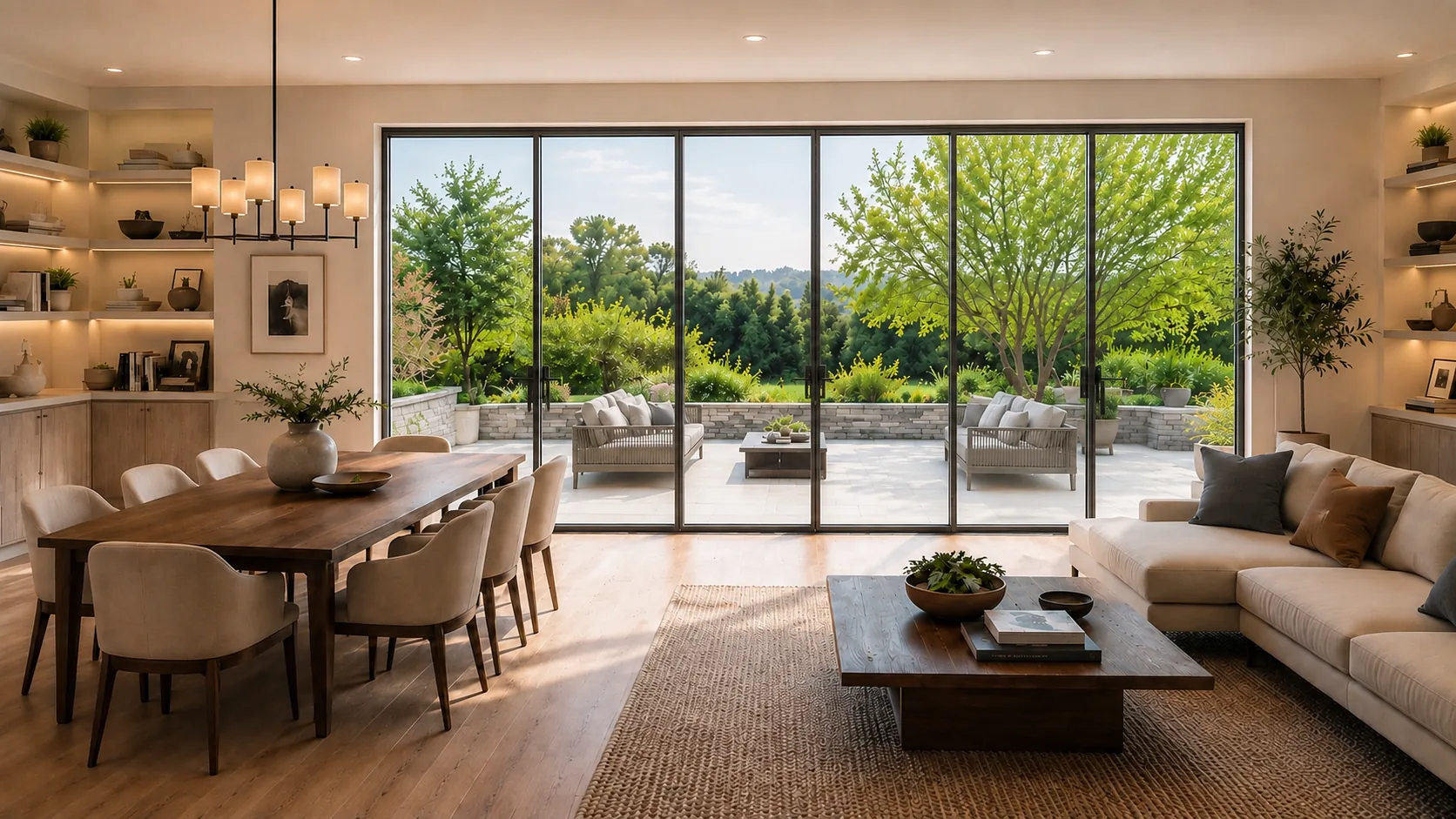Black-framed bifold glass doors opening to a garden terrace