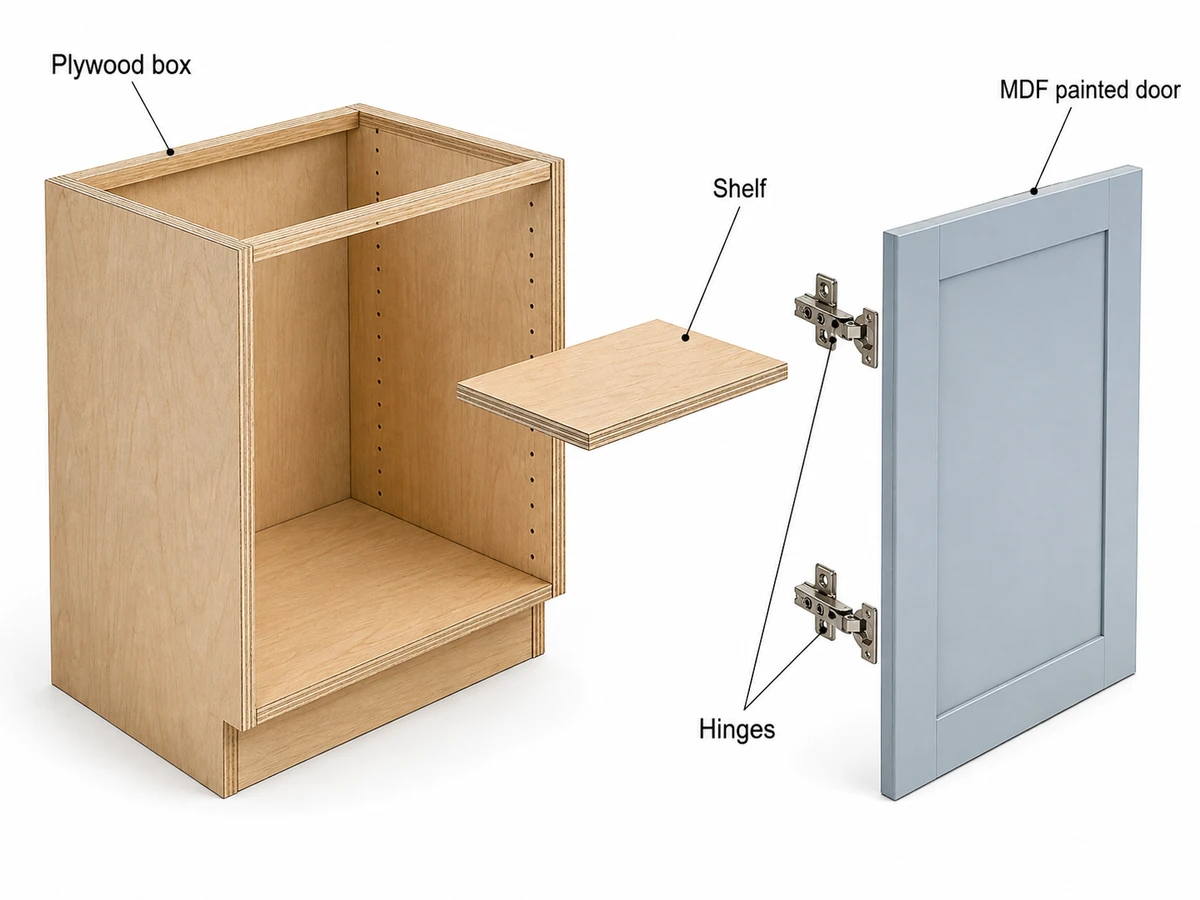 Cabinet anatomy: plywood box with painted MDF door and hardware