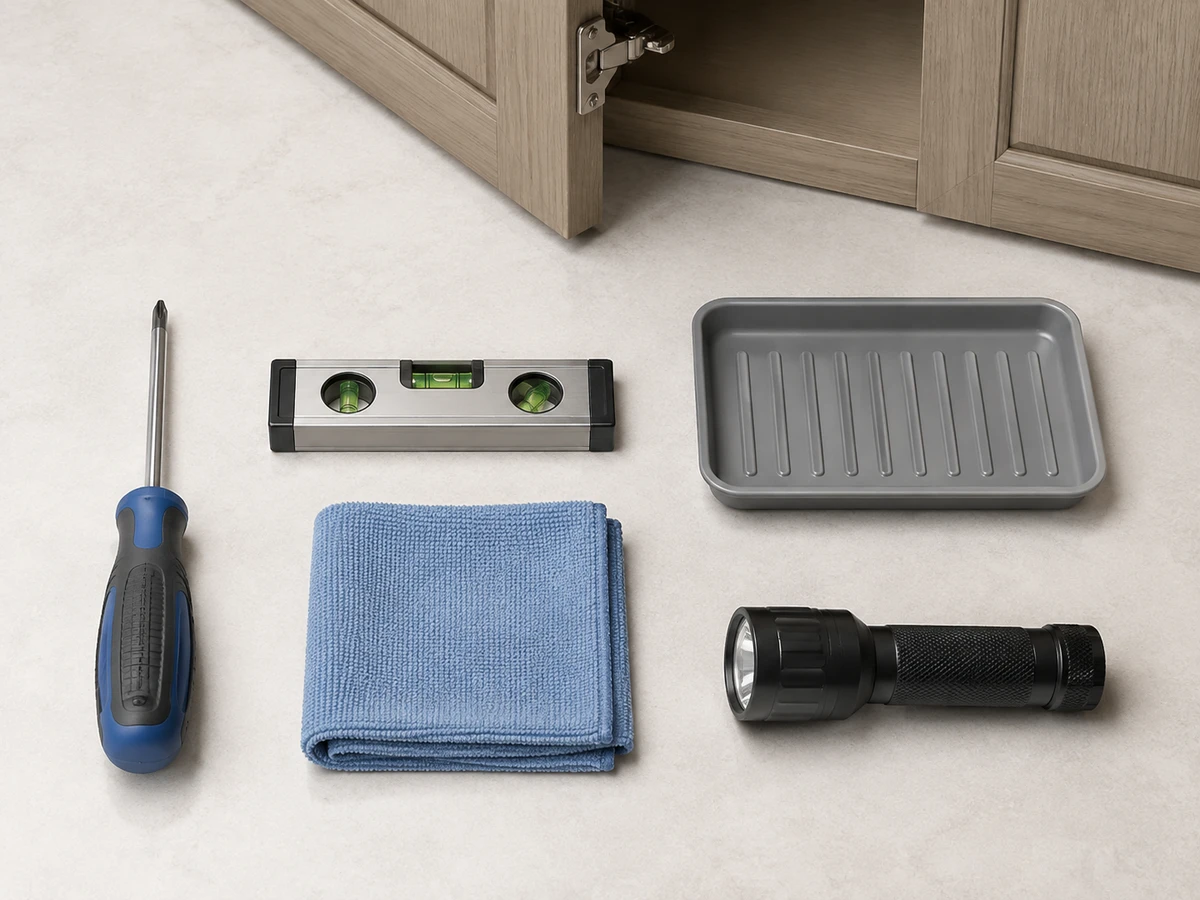 Cabinet maintenance tools: screwdriver, level, drip tray, cloth and flashlight