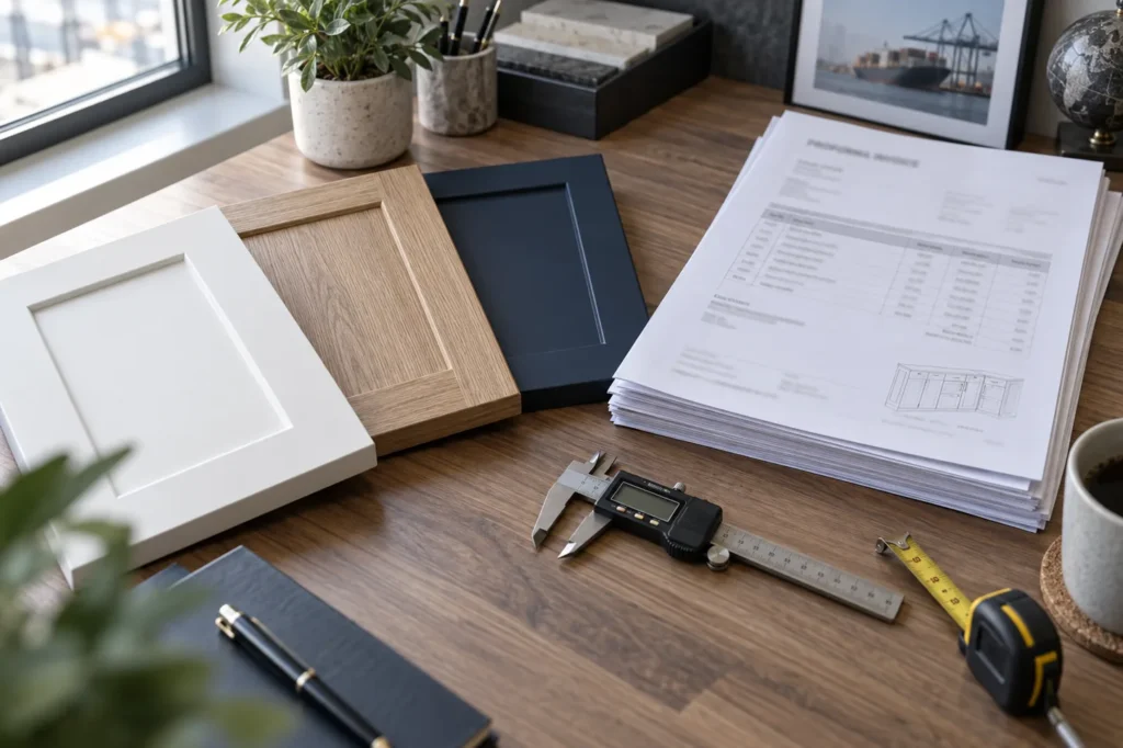 Proforma invoice documents on a factory export desk beside cabinet door samples, a digital caliper and a measuring tape