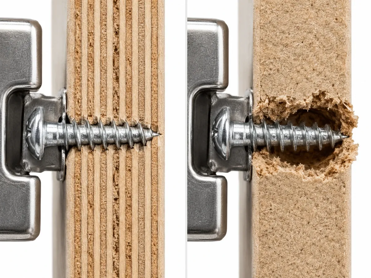 Hinge screw grip comparison in plywood versus MDF panel edges