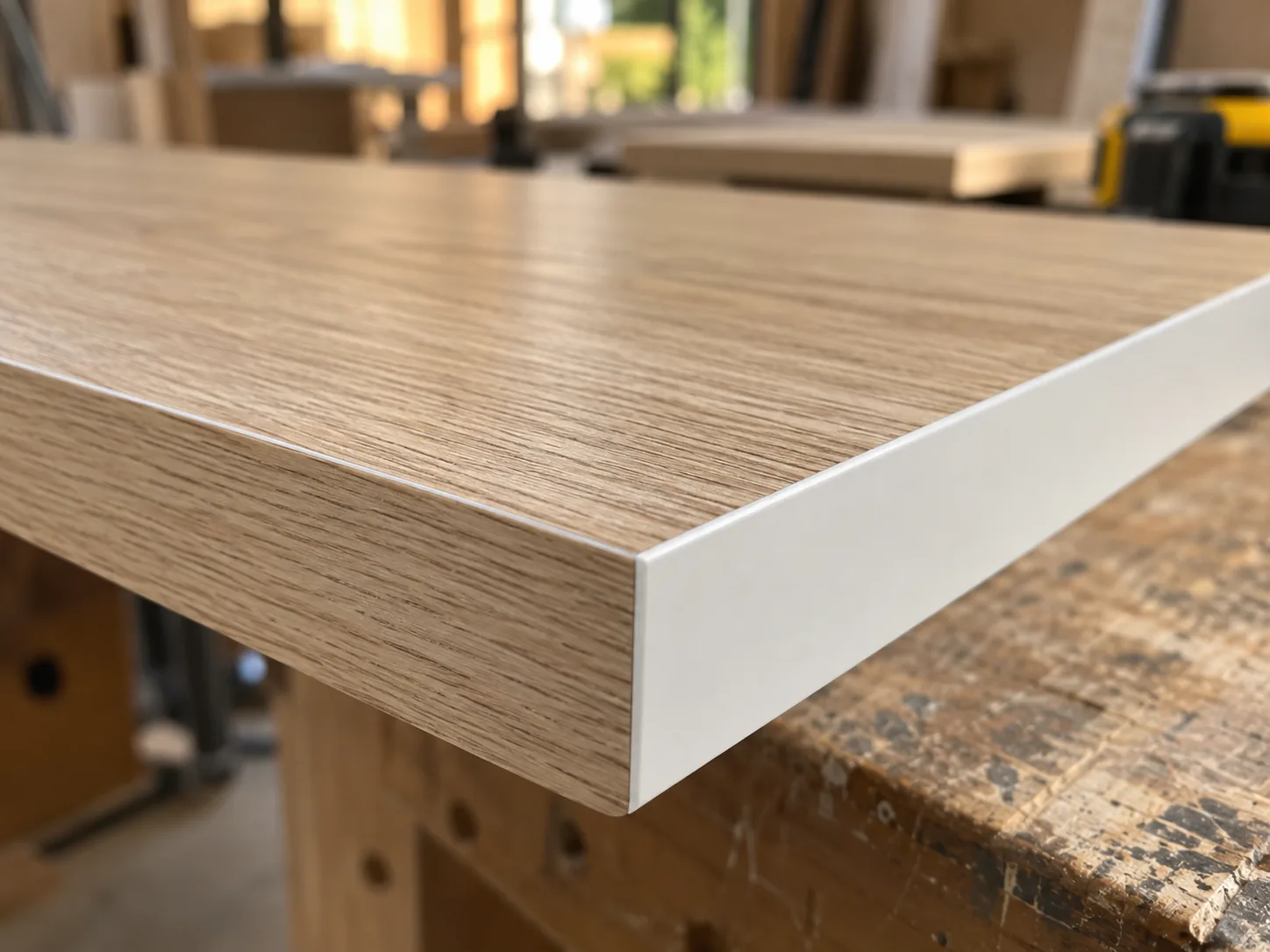 Close-up of white edge banding applied flush to a wood-grain melamine panel edge on a workshop bench