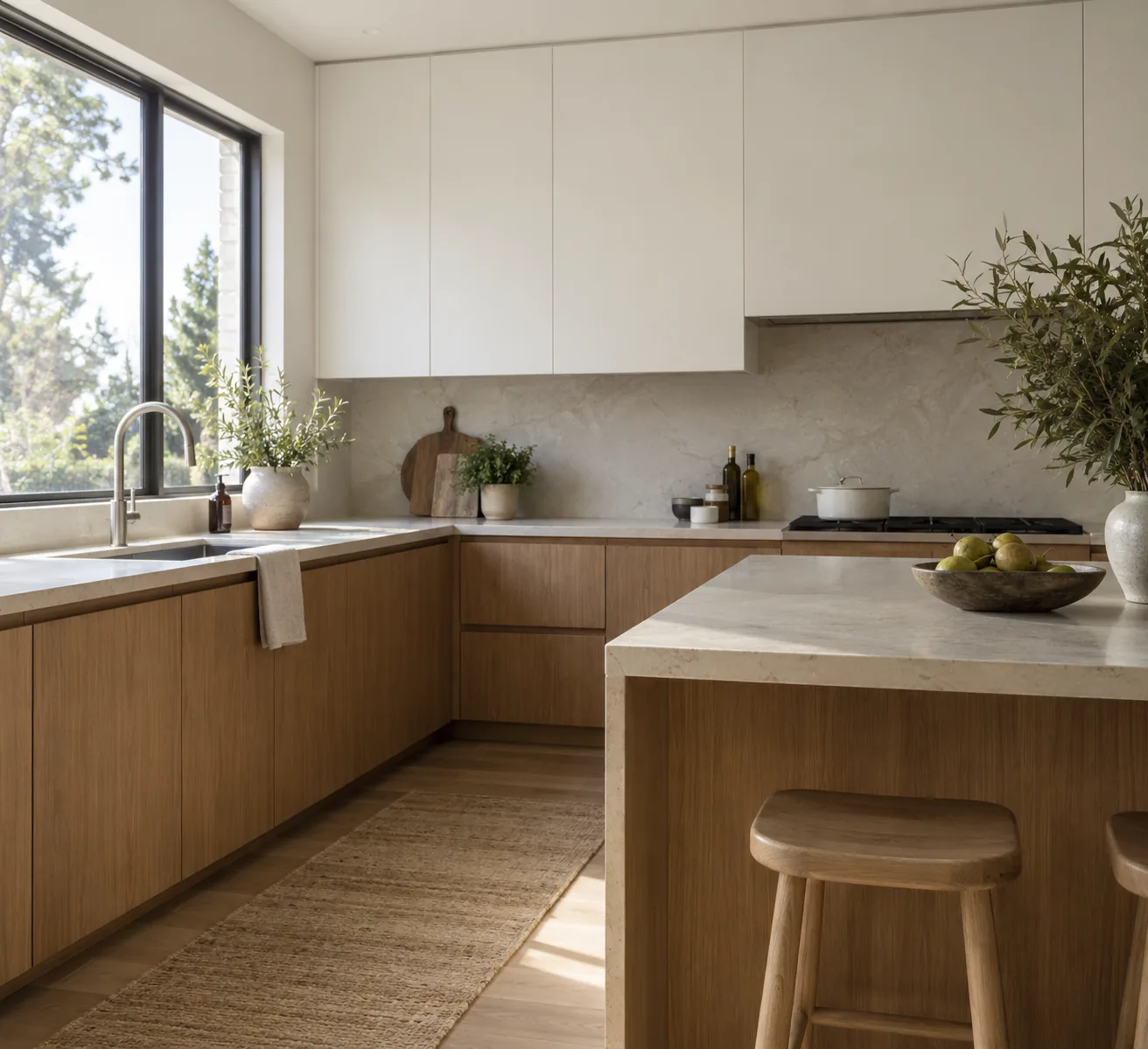 Modern kitchen with wood-tone flat-panel base cabinets and island, matte white flat-panel upper cabinets and a light stone countertop