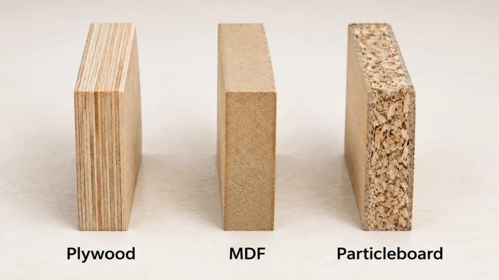 Cross-section comparison of plywood, MDF and particleboard cabinet panels