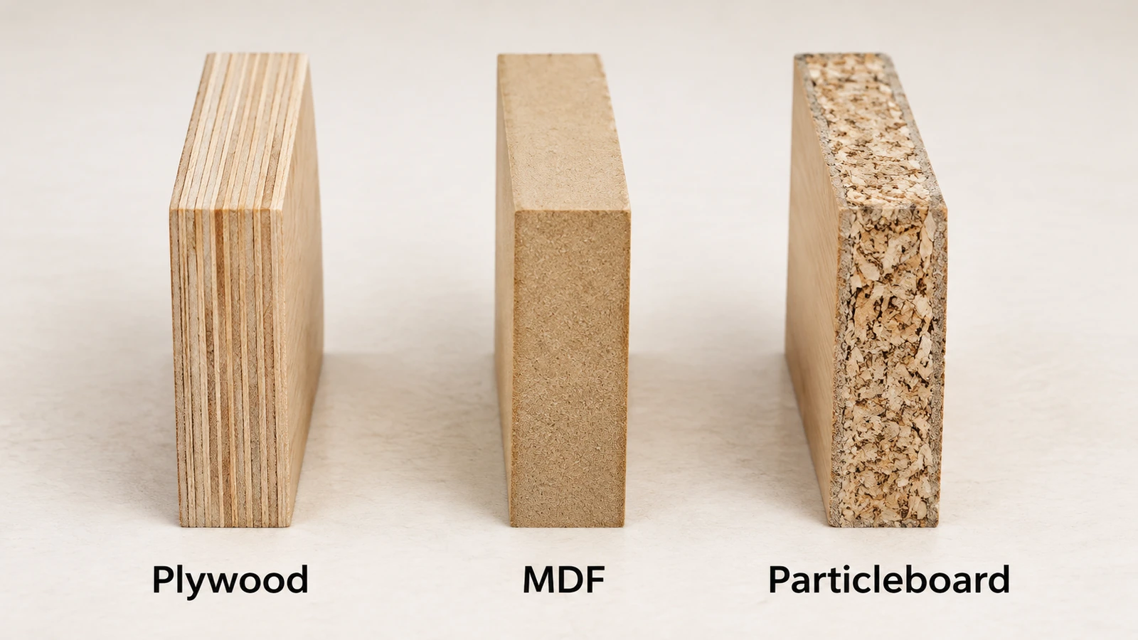 Cross-section comparison of plywood, MDF and particleboard cabinet panels