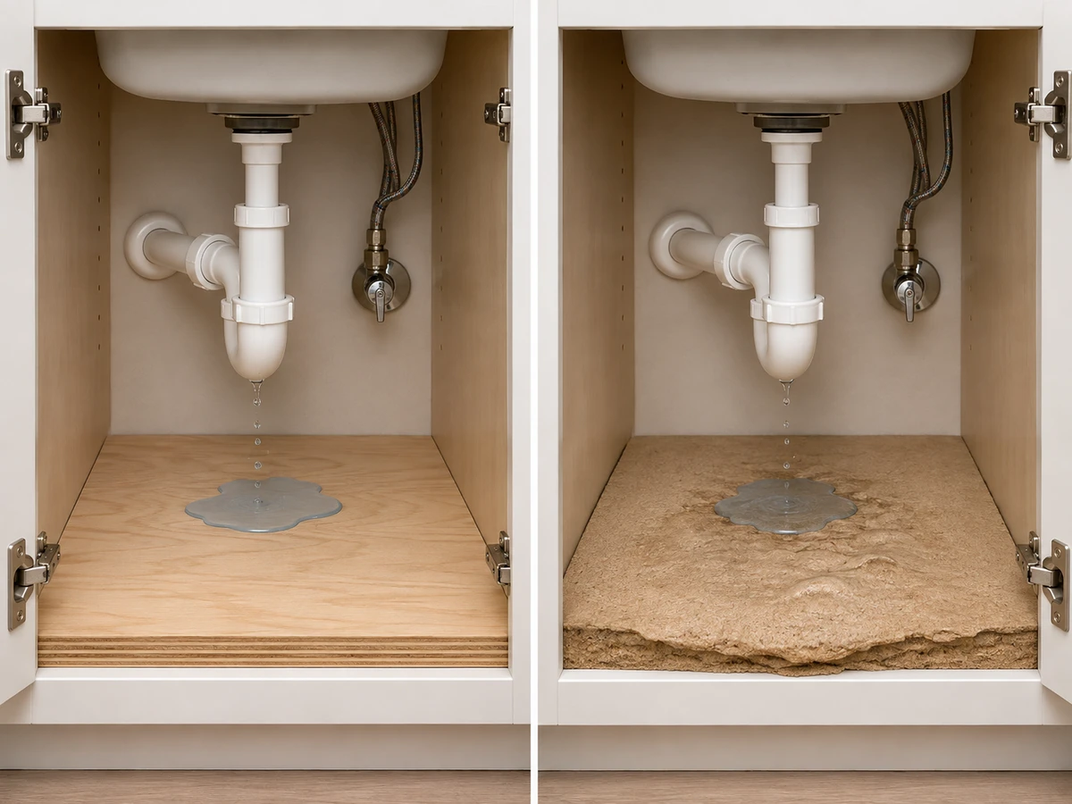 Illustration: plywood sink base survives a leak while MDF swells irreversibly